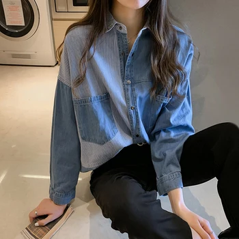 Джинсовая рубашка, женская полосатая одежда в стиле пэчворк с длинными рукавами, свободный дизайн, корейская модная одежда