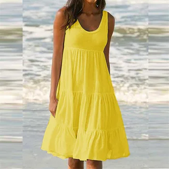 Женское летнее пляжное платье без рукавов с круглым вырезом, однотонное сращивание, Большие качели, Элегантные платья для женщин платье женское Vestido