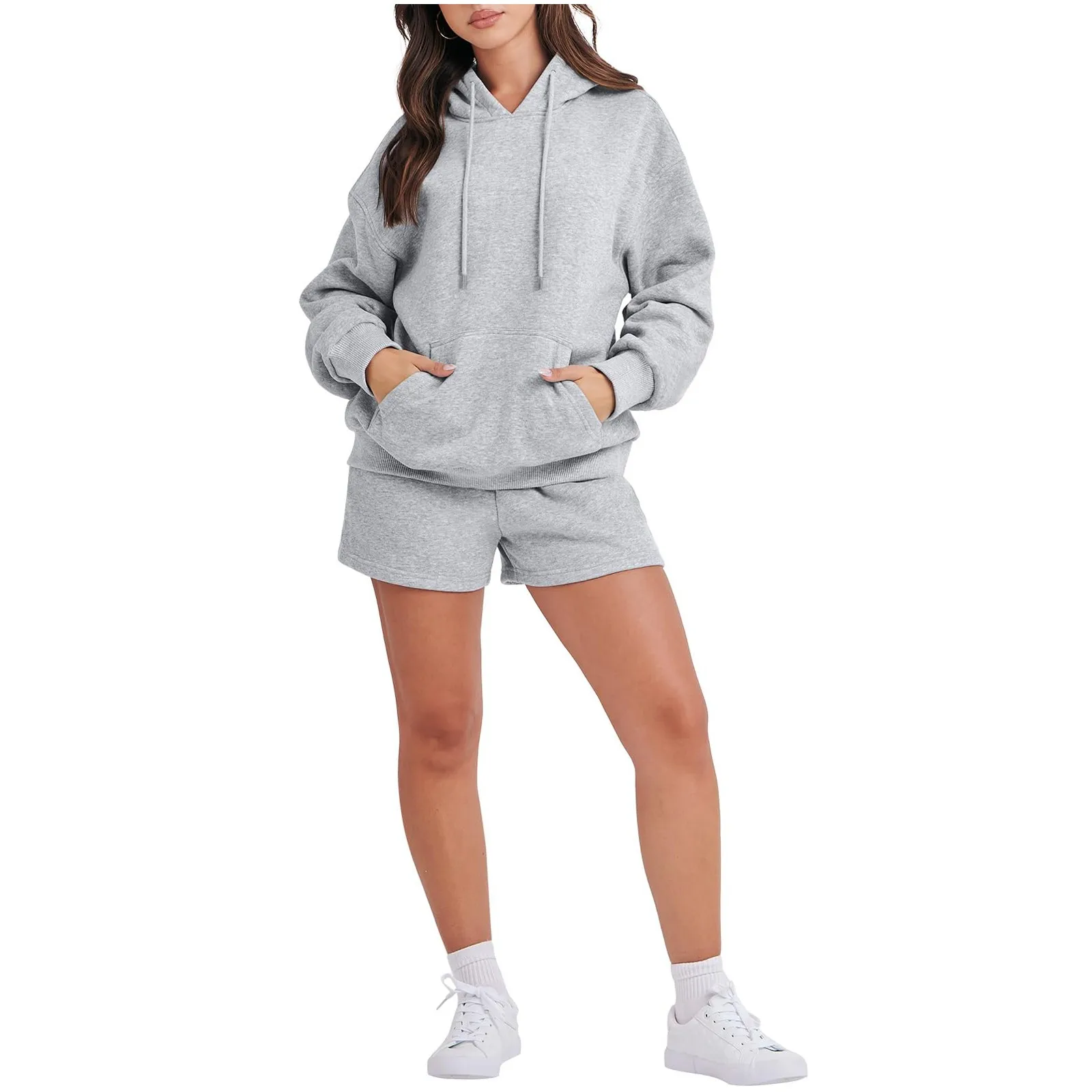Женский однотонный комплект пуловеров с застежкой-молнией на шее, свитер с длинными рукавами и спортивные шорты, комплект домашней пижамы